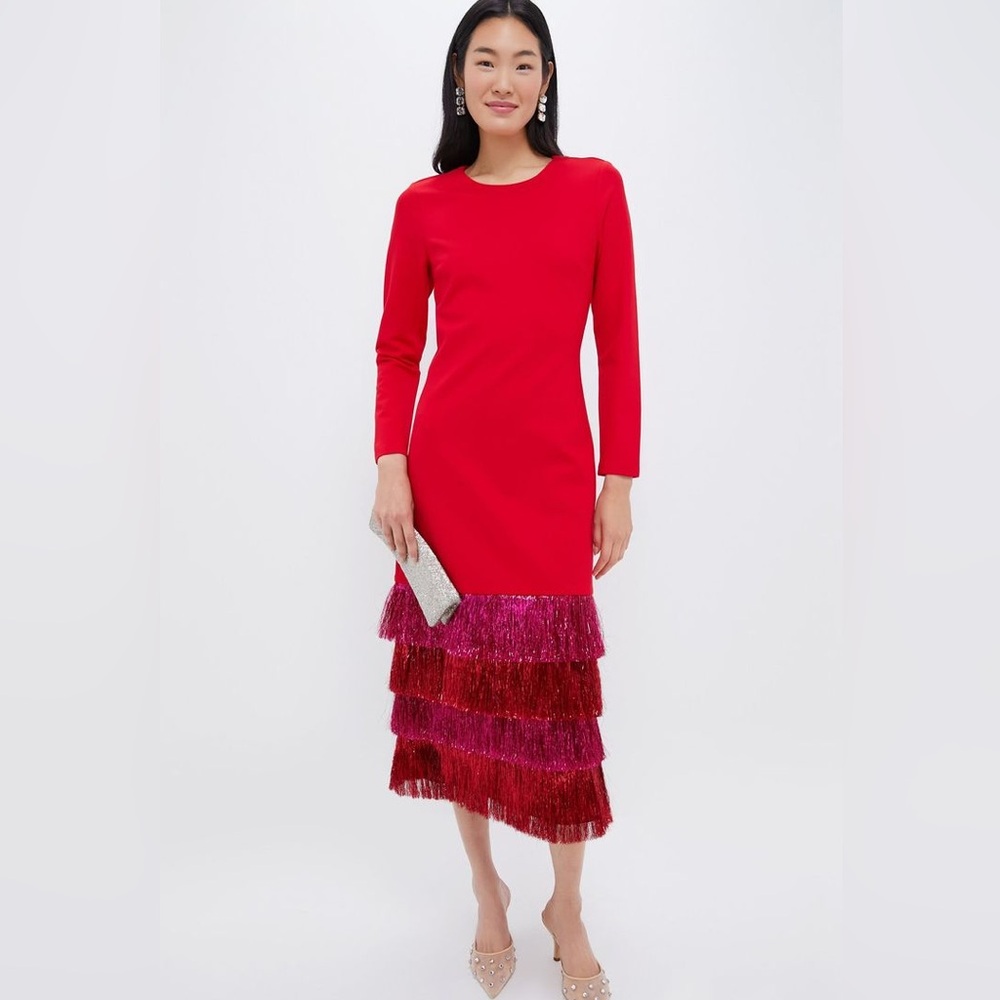 Tuckernuck - Hyacinth House Long Sleeve Red and Pink Layered Fringe Dress